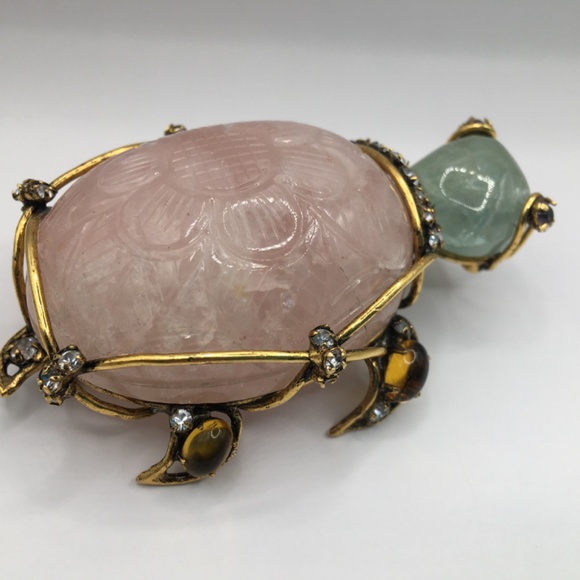 IRADJ MOINI Vintage Costume Jewelry Large Turtle Gemstone Brooch Pin Pink Quartz - Picture 3 of 11